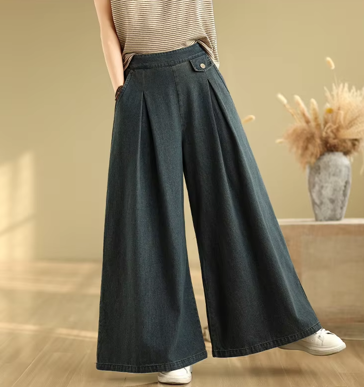 Vintage Thin Style Loose Elastic Waist Solid Denim Wide Leg Pants Mssza