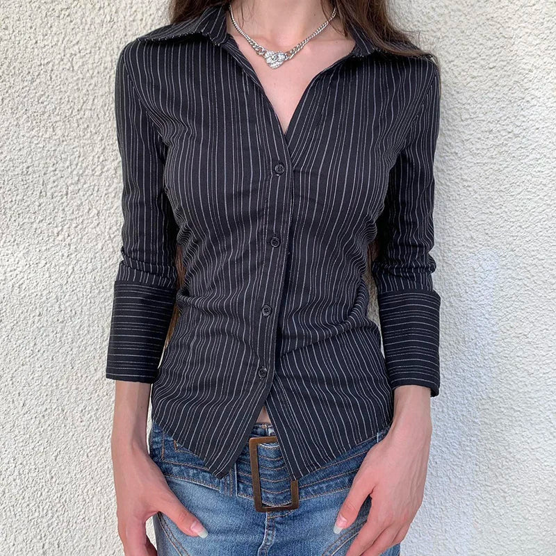 Vintage Turn Down Collar Full Sleeve Striped Single-Breasted Shirt Mssza