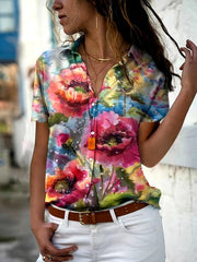 Vintage Turn-down Collar Button Print Blouse Shirt Mssza