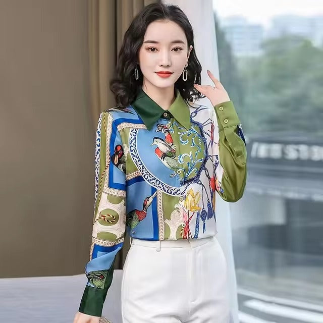 Vintage Turn-down Collar Long Sleeve Printed Loose Shirts Mssza