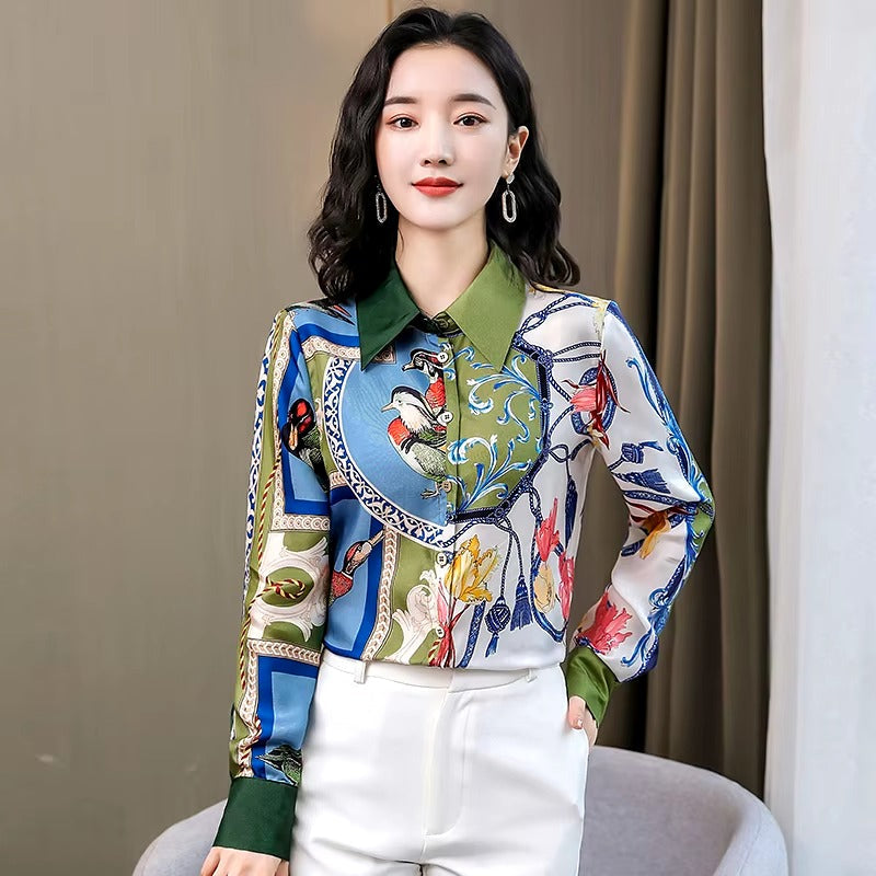 Vintage Turn-down Collar Long Sleeve Printed Loose Shirts Mssza