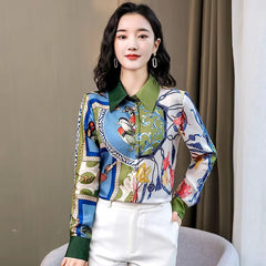 Vintage Turn-down Collar Long Sleeve Printed Loose Shirts Mssza