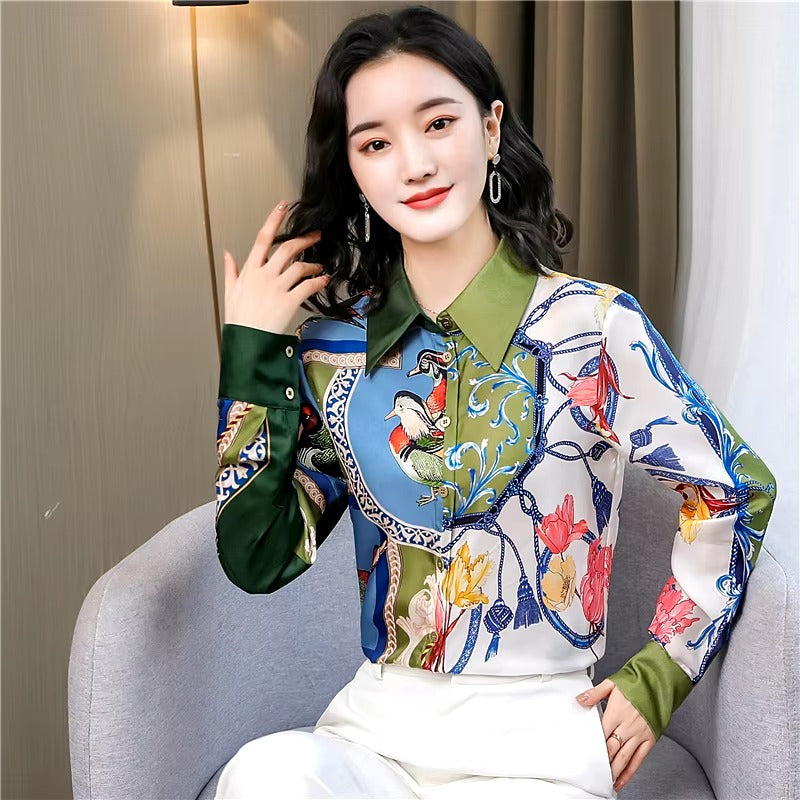 Vintage Turn-down Collar Long Sleeve Printed Loose Shirts Mssza