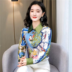 Vintage Turn-down Collar Long Sleeve Printed Loose Shirts Mssza