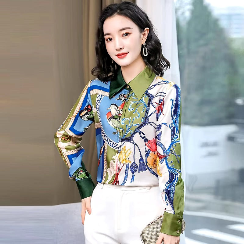 Vintage Turn-down Collar Long Sleeve Printed Loose Shirts Mssza