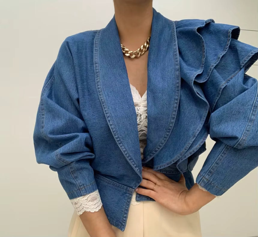 Vintage Turn-down Collar Puff Sleeve Ruffles Cropped Denim Top Mssza