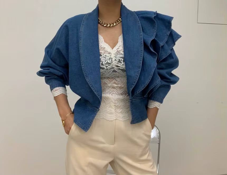 Vintage Turn-down Collar Puff Sleeve Ruffles Cropped Denim Top Mssza