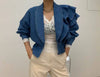 Vintage Turn-down Collar Puff Sleeve Ruffles Cropped Denim Top Mssza