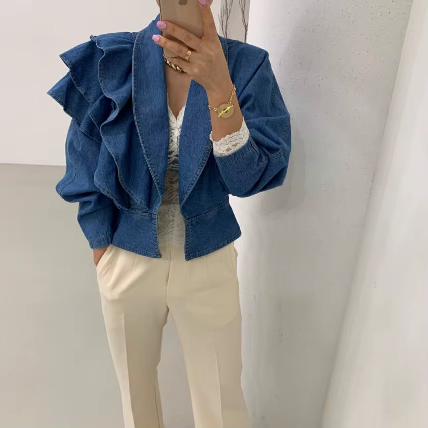 Vintage Turn-down Collar Puff Sleeve Ruffles Cropped Denim Top Mssza