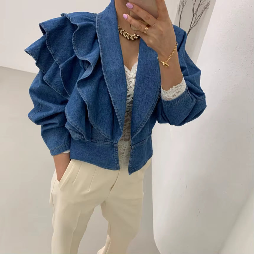 Vintage Turn-down Collar Puff Sleeve Ruffles Cropped Denim Top Mssza