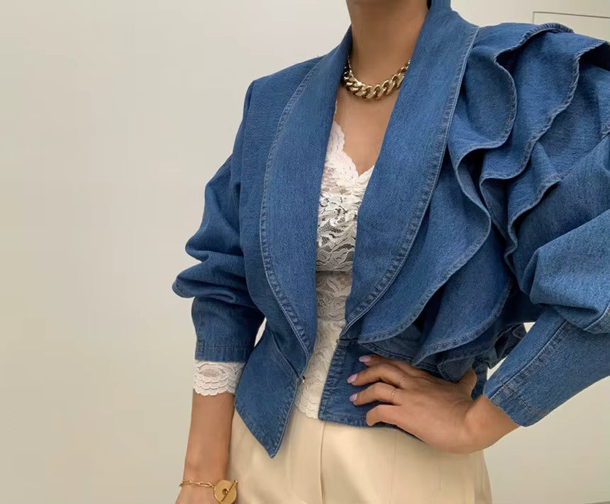 Vintage Turn-down Collar Puff Sleeve Ruffles Cropped Denim Top Mssza