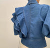 Vintage Turn-down Collar Puff Sleeve Ruffles Cropped Denim Top Mssza