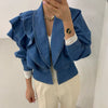 Vintage Turn-down Collar Puff Sleeve Ruffles Cropped Denim Top Mssza