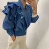 Vintage Turn-down Collar Puff Sleeve Ruffles Cropped Denim Top Mssza