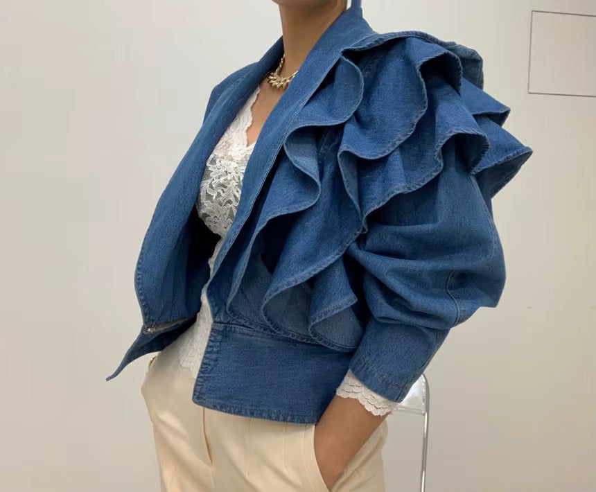 Vintage Turn-down Collar Puff Sleeve Ruffles Cropped Denim Top Mssza