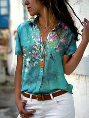 Vintage Turn-down Collar Short Sleeve Button Print Blouse Shirt Mssza