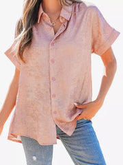 Vintage Turndown Collar Short Sleeve Shirt With Sheen Fabric Shirt Mssza