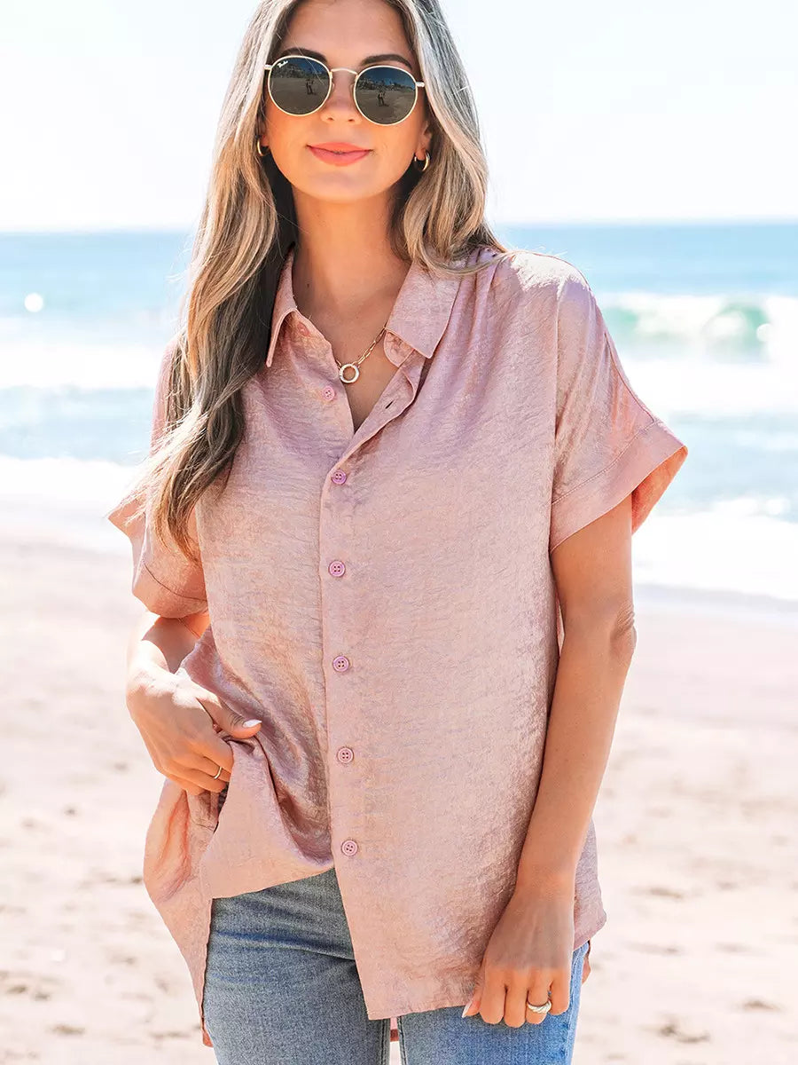 Vintage Turndown Collar Short Sleeve Shirt With Sheen Fabric Shirt Mssza
