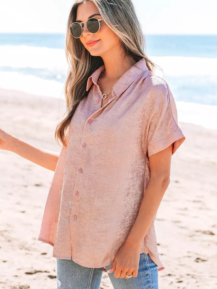 Vintage Turndown Collar Short Sleeve Shirt With Sheen Fabric Shirt Mssza