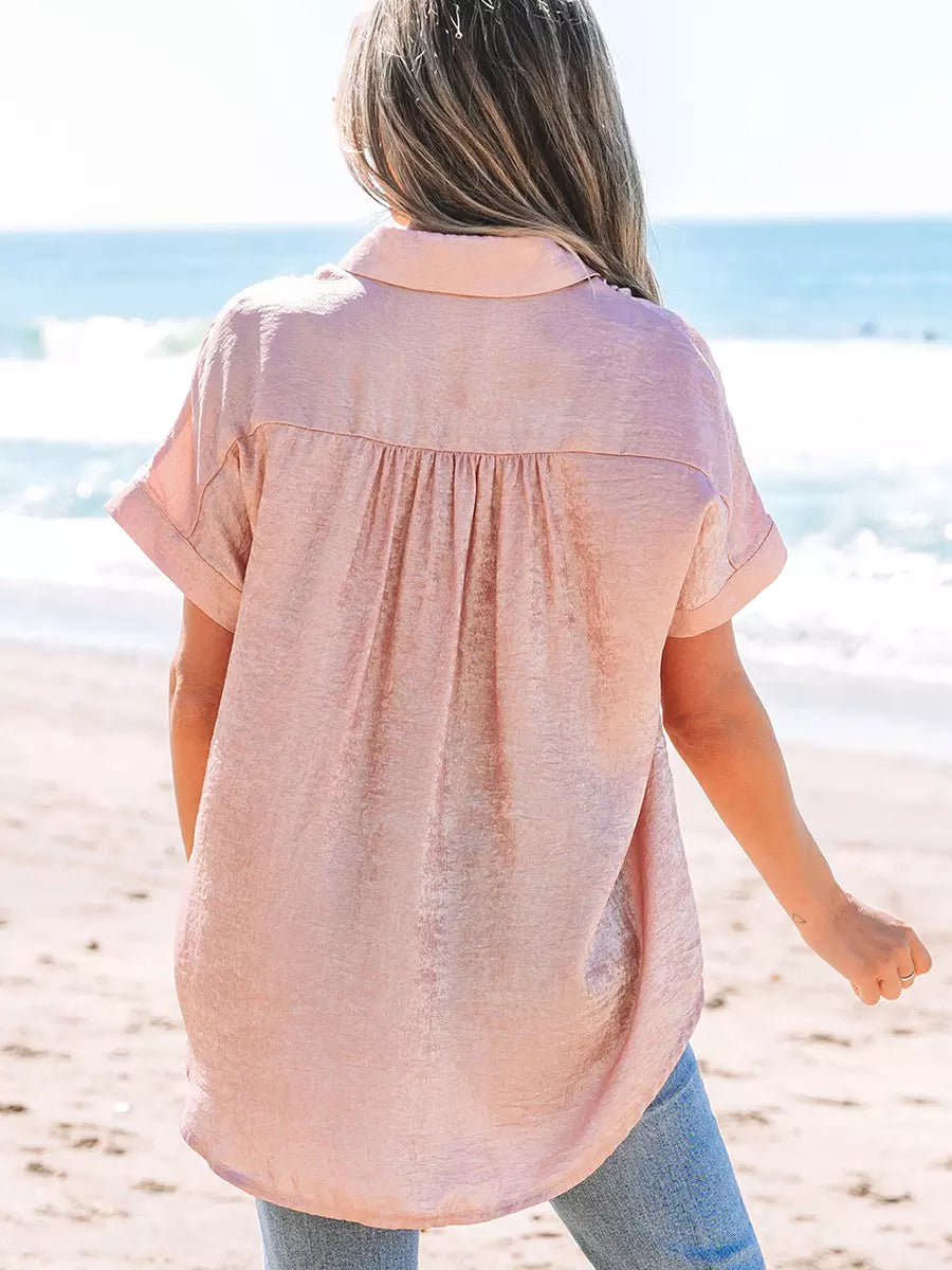 Vintage Turndown Collar Short Sleeve Shirt With Sheen Fabric Shirt Mssza