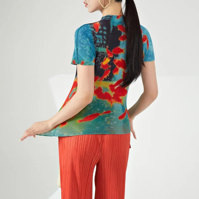 Vintage Turtleneck Fish Print Folds Tees Irregular Slim Waist Tops Mssza