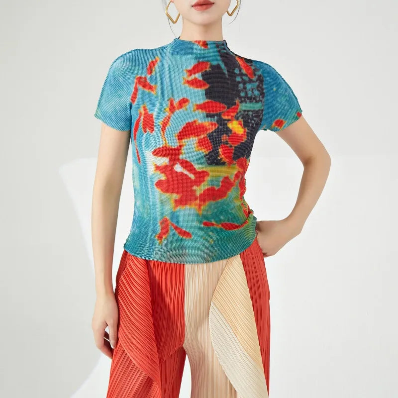 Vintage Turtleneck Fish Print Folds Tees Irregular Slim Waist Tops Mssza
