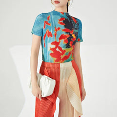 Vintage Turtleneck Fish Print Folds Tees Irregular Slim Waist Tops Mssza