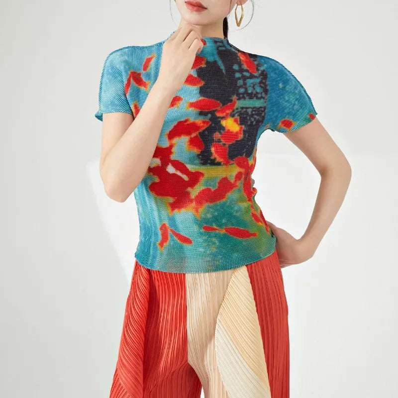 Vintage Turtleneck Fish Print Folds Tees Irregular Slim Waist Tops Mssza