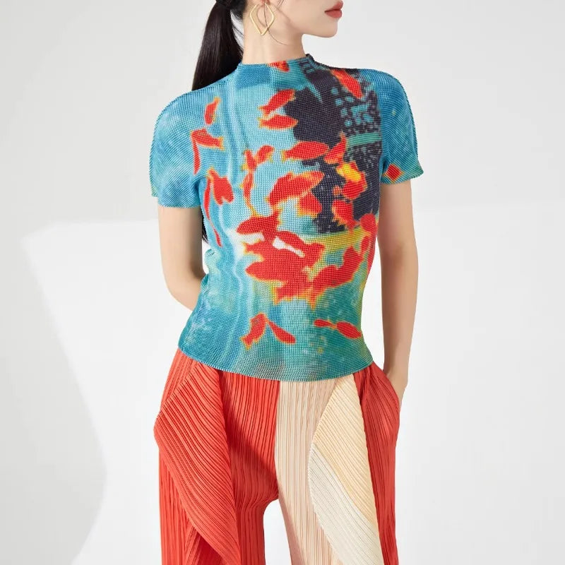 Vintage Turtleneck Fish Print Folds Tees Irregular Slim Waist Tops Mssza