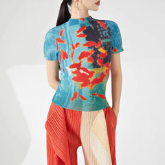 Vintage Turtleneck Fish Print Folds Tees Irregular Slim Waist Tops Mssza