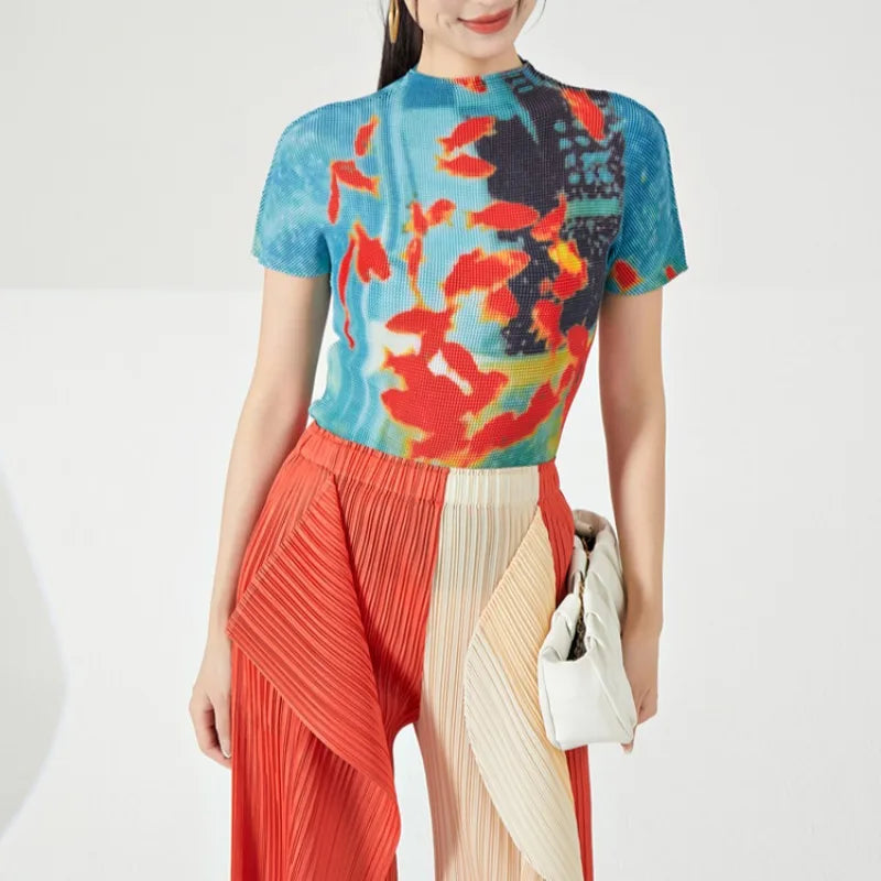 Vintage Turtleneck Fish Print Folds Tees Irregular Slim Waist Tops Mssza
