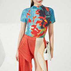 Vintage Turtleneck Fish Print Folds Tees Irregular Slim Waist Tops Mssza