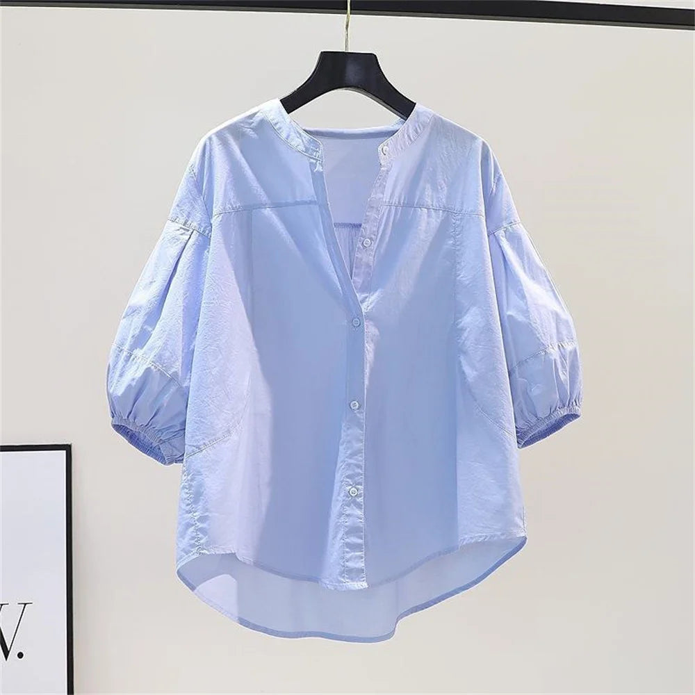 Vintage V-Neck Button Style Loose Pullover Thin Shirts Tops Mssza