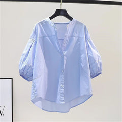 Vintage V-Neck Button Style Loose Pullover Thin Shirts Tops Mssza