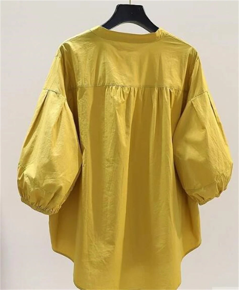 Vintage V-Neck Button Style Loose Pullover Thin Shirts Tops Mssza