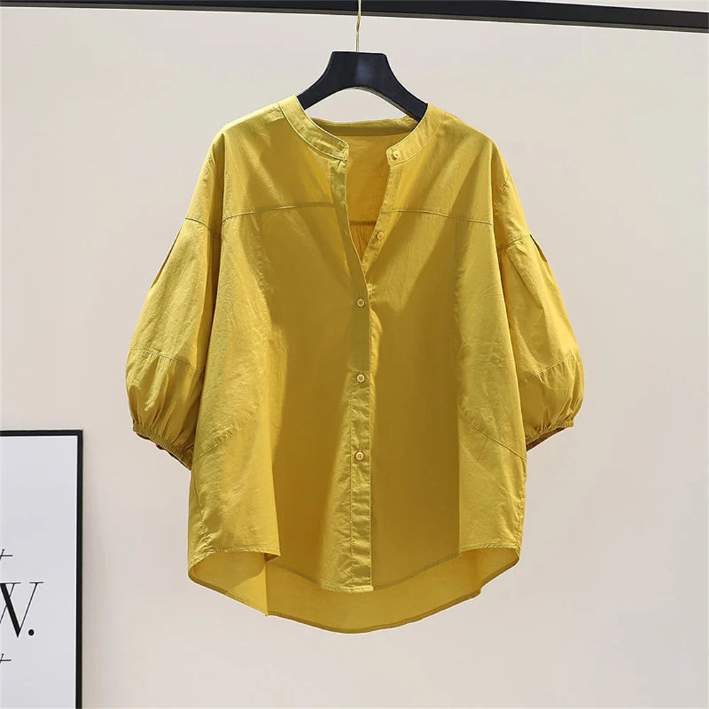 Vintage V-Neck Button Style Loose Pullover Thin Shirts Tops Mssza