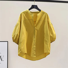 Vintage V-Neck Button Style Loose Pullover Thin Shirts Tops Mssza