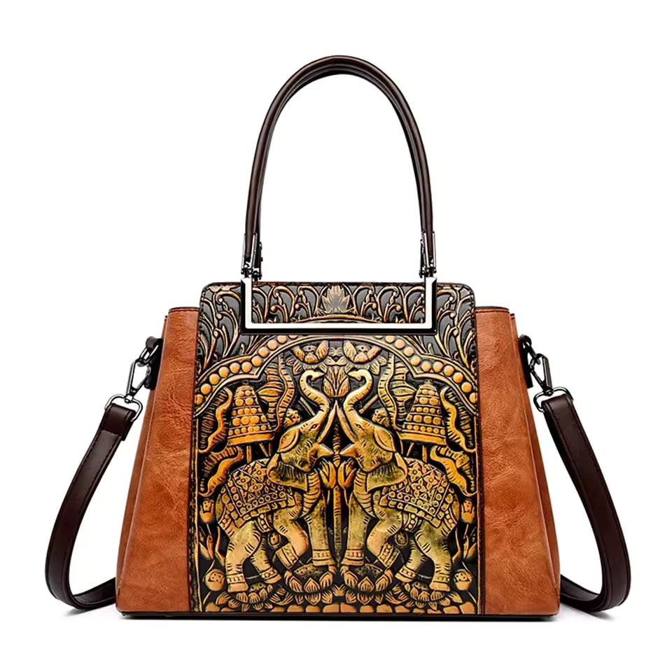 Vintage Versatile PU Leather 3 Layers Large Capacity Embossed Shoulder Bag Mssza