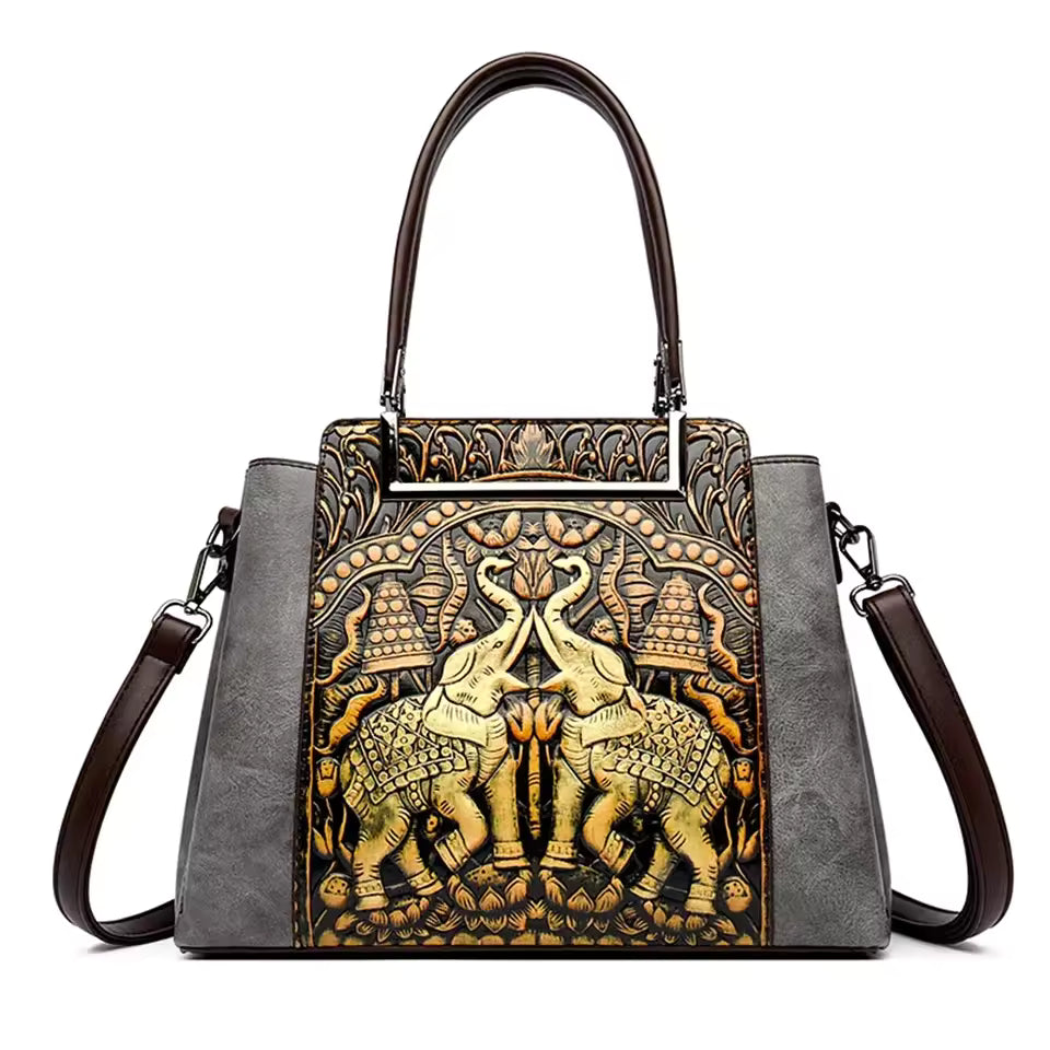 Vintage Versatile PU Leather 3 Layers Large Capacity Embossed Shoulder Bag Mssza