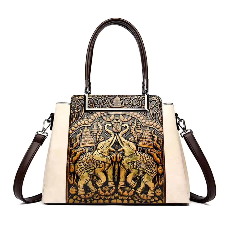 Vintage Versatile PU Leather 3 Layers Large Capacity Embossed Shoulder Bag Mssza