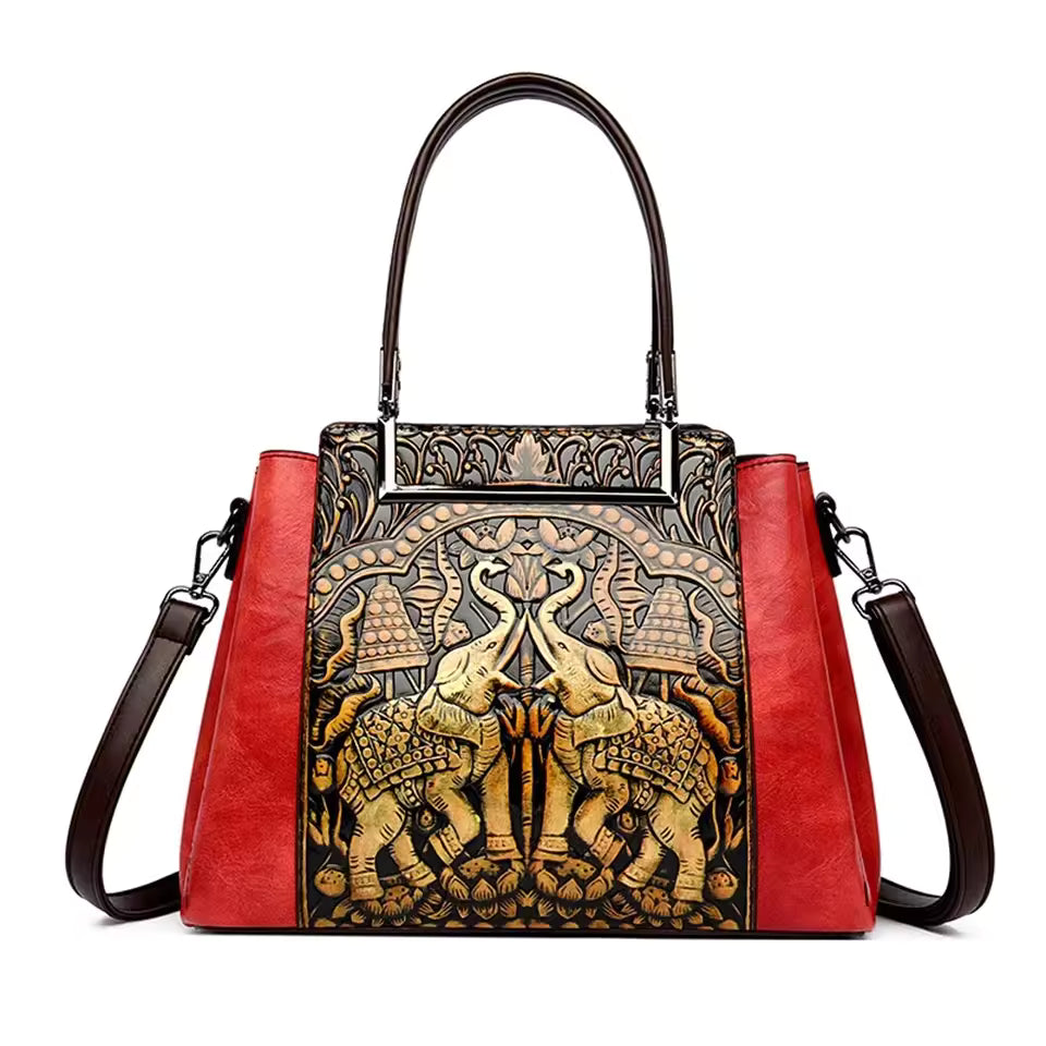 Vintage Versatile PU Leather 3 Layers Large Capacity Embossed Shoulder Bag Mssza