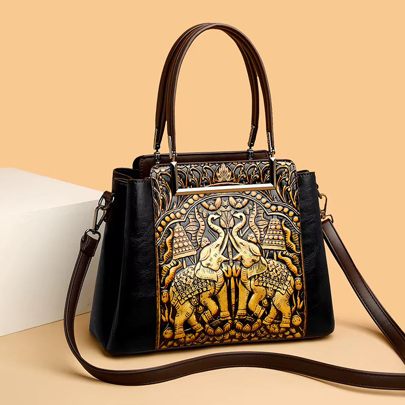 Vintage Versatile PU Leather 3 Layers Large Capacity Embossed Shoulder Bag Mssza