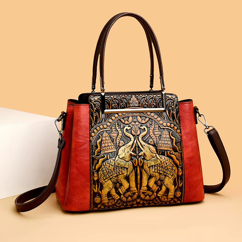 Vintage Versatile PU Leather 3 Layers Large Capacity Embossed Shoulder Bag Mssza
