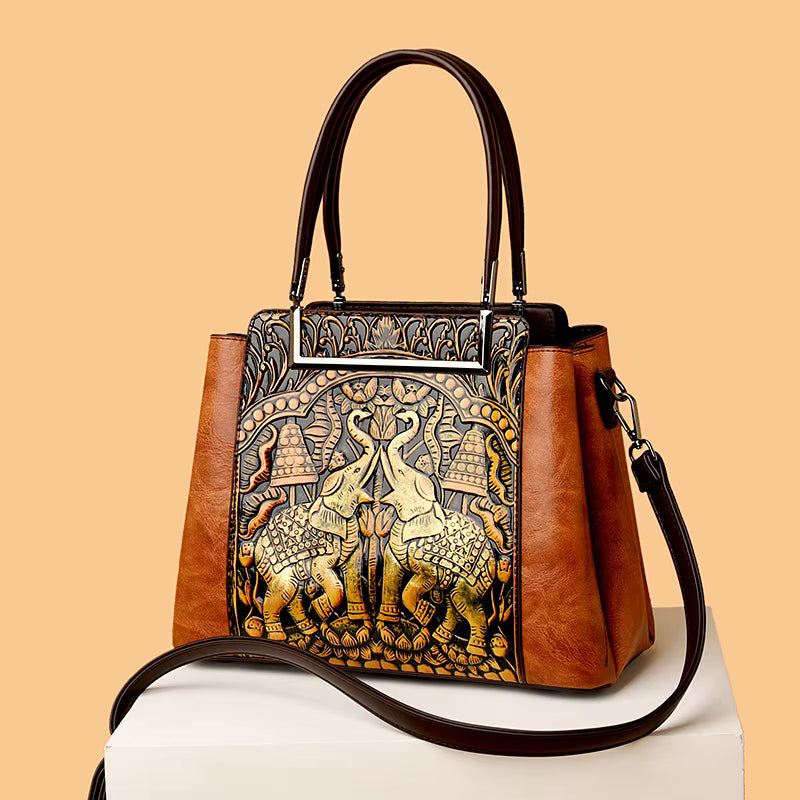 Vintage Versatile PU Leather 3 Layers Large Capacity Embossed Shoulder Bag Mssza