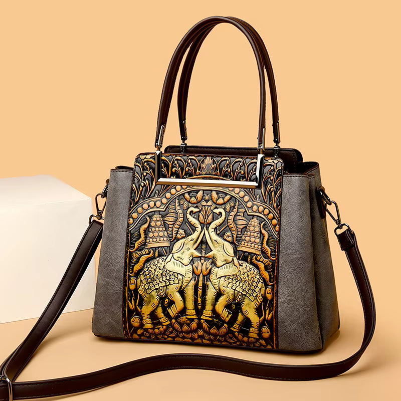 Vintage Versatile PU Leather 3 Layers Large Capacity Embossed Shoulder Bag Mssza