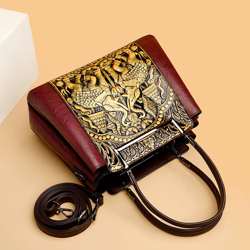 Vintage Versatile PU Leather 3 Layers Large Capacity Embossed Shoulder Bag Mssza