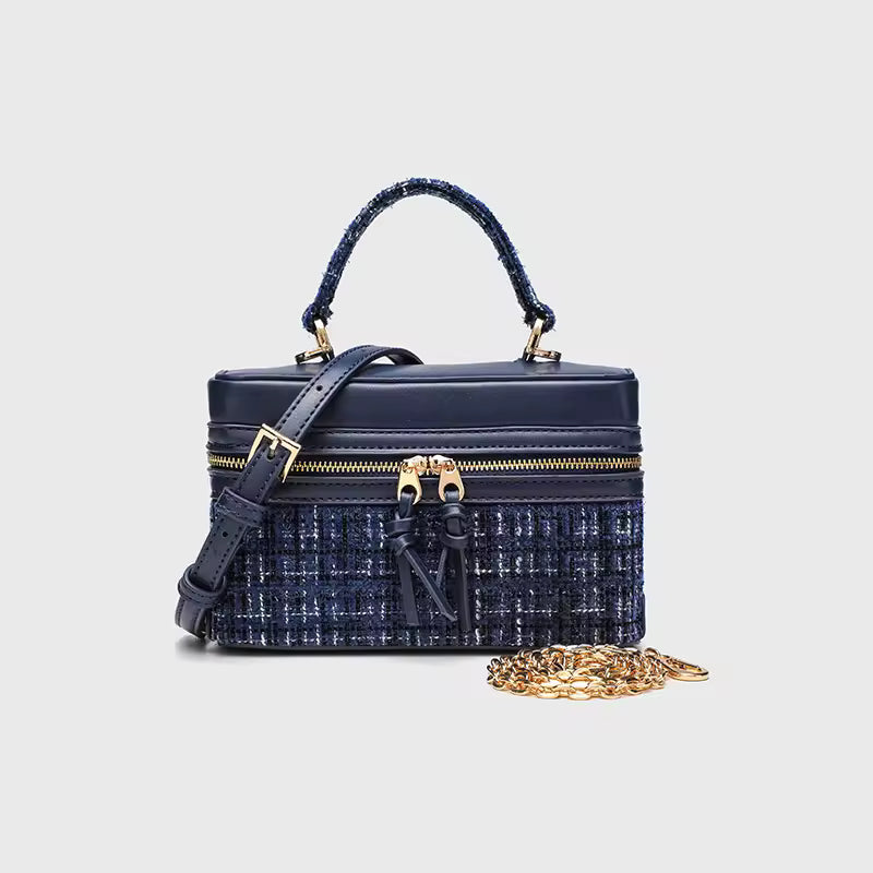 Vintage Solid Woolen Box Chains Sling Clutch Square Bag Mssza
