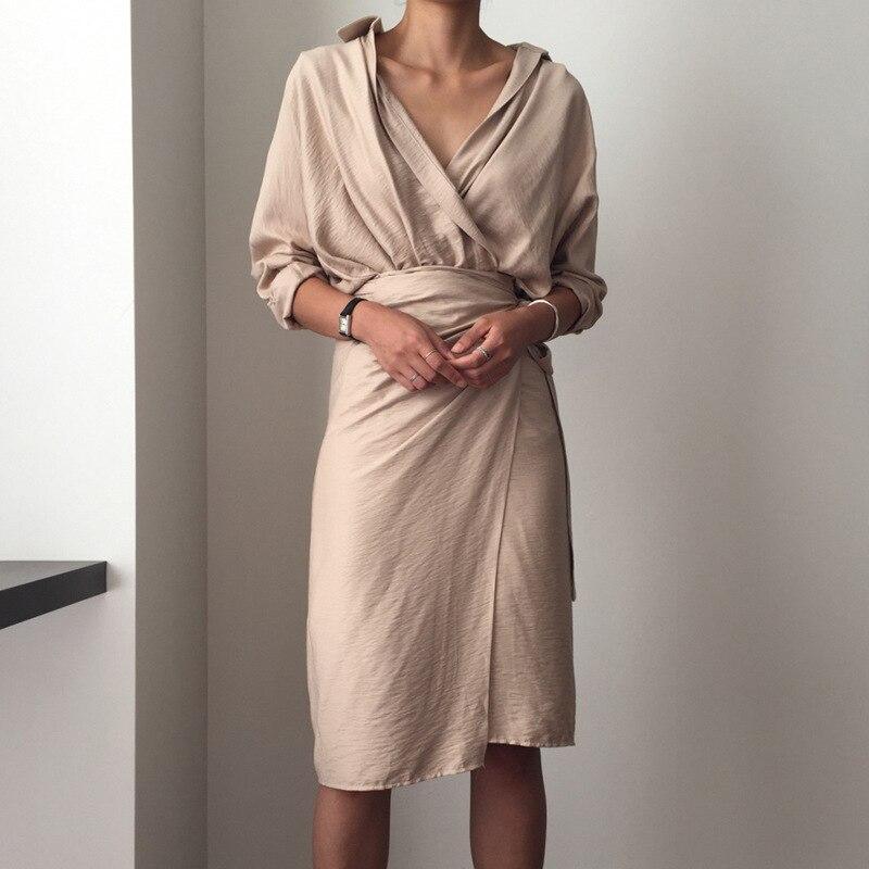 v neck front split tie waist dress Mssaz Desses