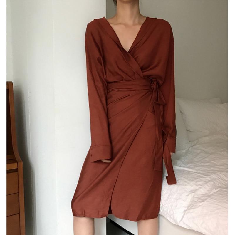 v neck front split tie waist dress Mssaz Desses