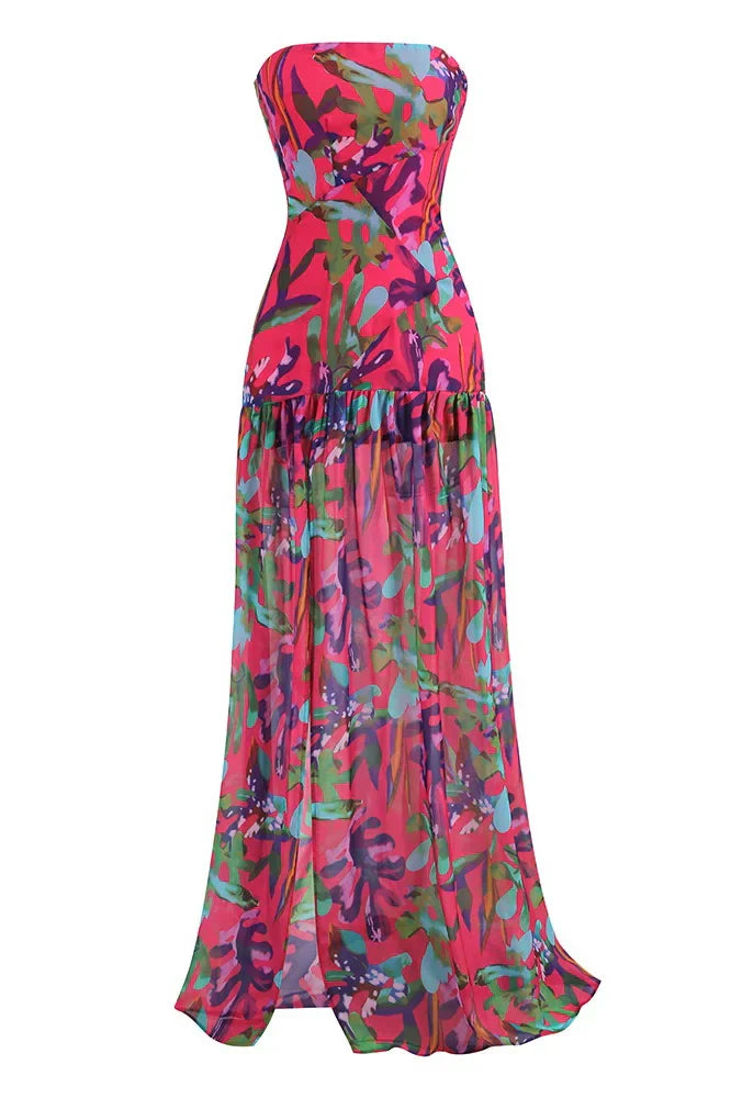 Pam Printed Strapless Slit Maxi Dress Mssaz Desses